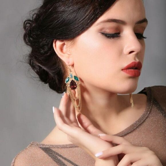 Red Green Crystal Floral Leaf Chain Gold Hook Dangle Statement Earrings - Picture 4 of 10